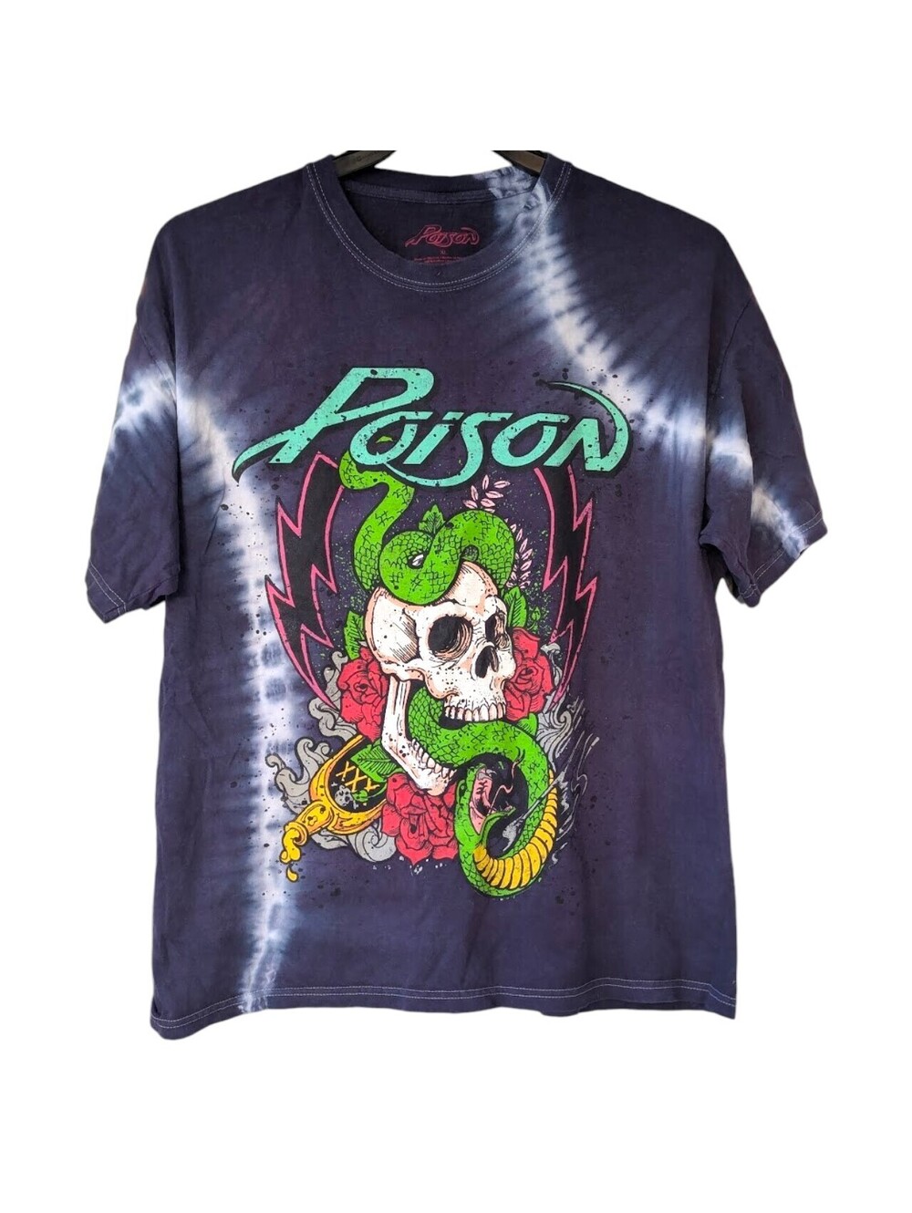 Poison Band T-Shirt Mens XL Dark Blue Tie Dye Skull Snake Graphic Tee 23.5x27.5
